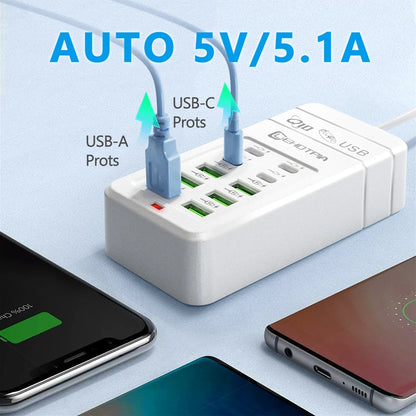 Carregador USB Rápido c/ Múltiplas Tomadas (UE) // Cabo de Extensão de 1,2 m c/ 6 Portas USB-A e 4 USB-C // Portátil p/ Celulares e Tomadas USB.