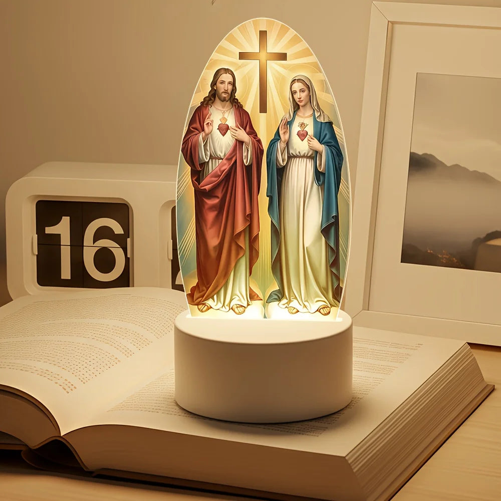 Luz Noturna de LED 2D de Jesus e Virgem Maria em Estilo Boho // Acrílico c/ Alimentação USB // Luminária de Mesa Inspiradora para Quartos