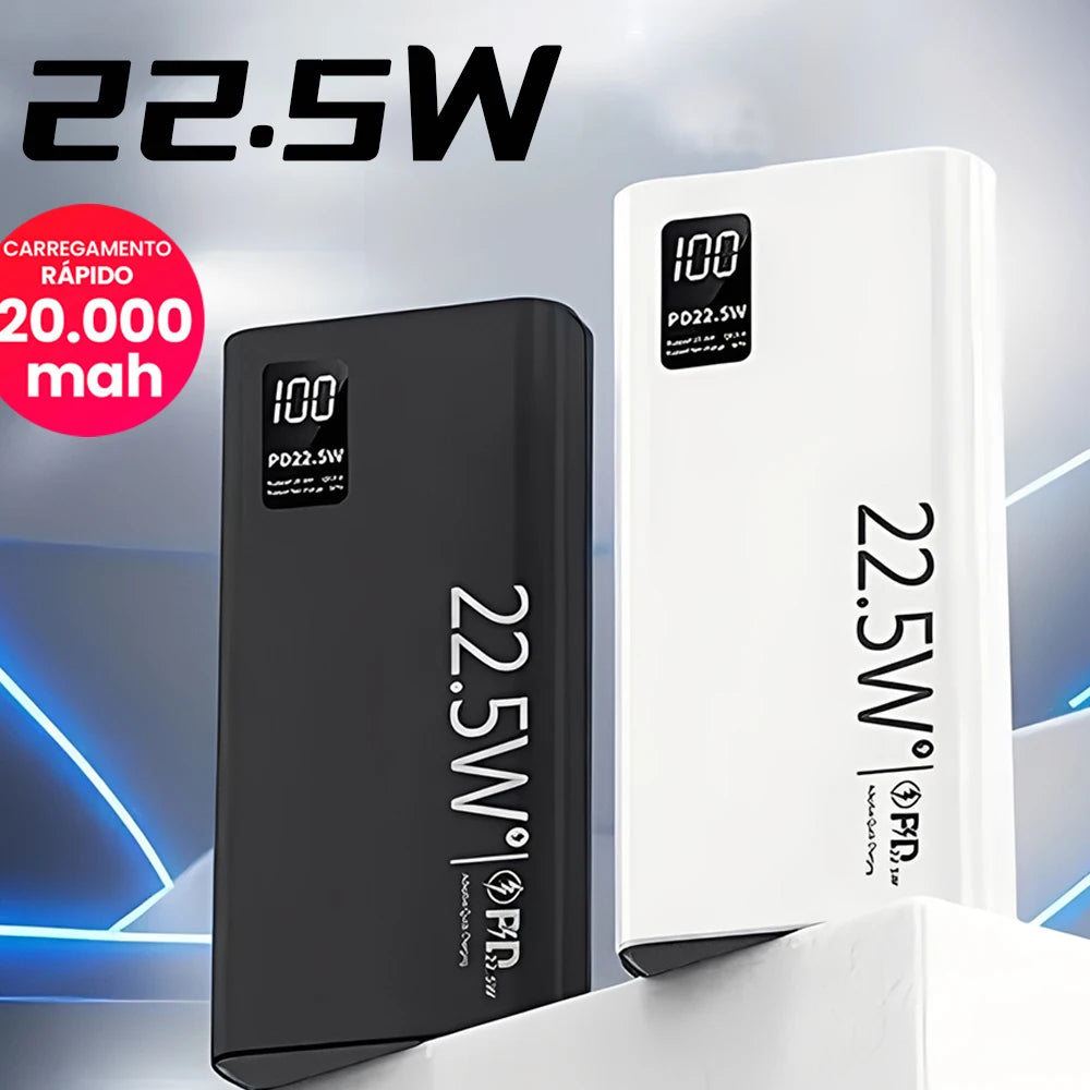 Power Bank 20000mAh Portátil com Tela LCD // Carregamento Rápido e 2 Saídas USB p/ Celular, Tablet e Viagem