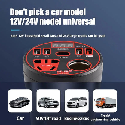 200W Multi-function Car Power Inverter 12V/24V To 220V Converter Led Display Charger Socket Fast Charging Car Accessories