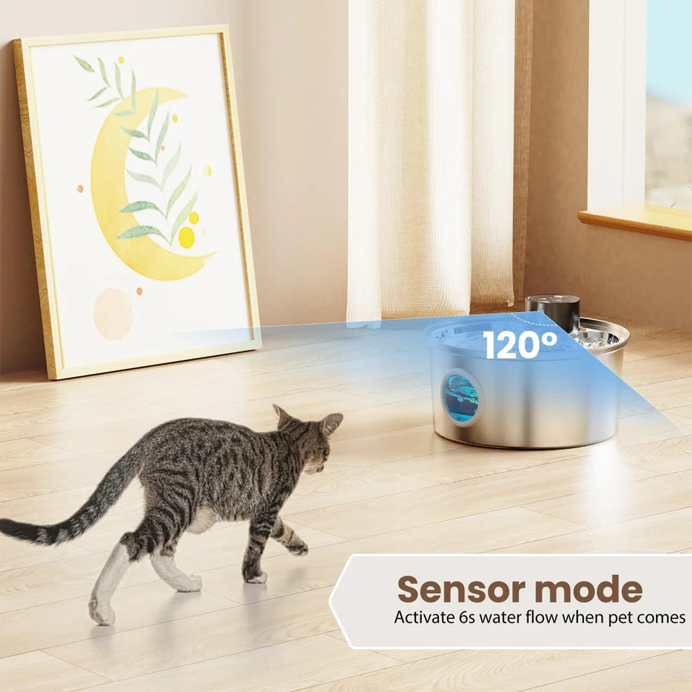 Fonte de Água Automática e Recarregável p/ Pets (Cães e Gatos) // Aço Inoxidável, 3,2 L (108 oz), Sem Fio, 5V, c/ Sensor de Movimento