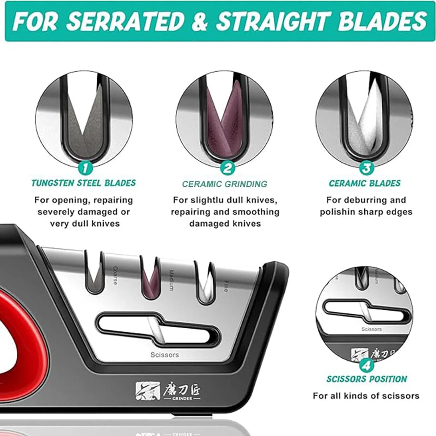 Afiador de Cozinha Quatro em 1 // Restaura Lâminas Serrilhadas de Facas e Tesouras // Aço Tungstênio Diamantado e Cerâmica.