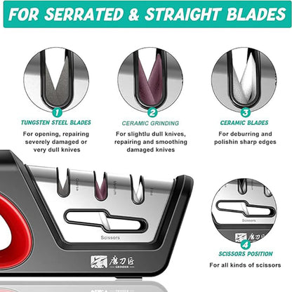 Afiador de Cozinha Quatro em 1 // Restaura Lâminas Serrilhadas de Facas e Tesouras // Aço Tungstênio Diamantado e Cerâmica.