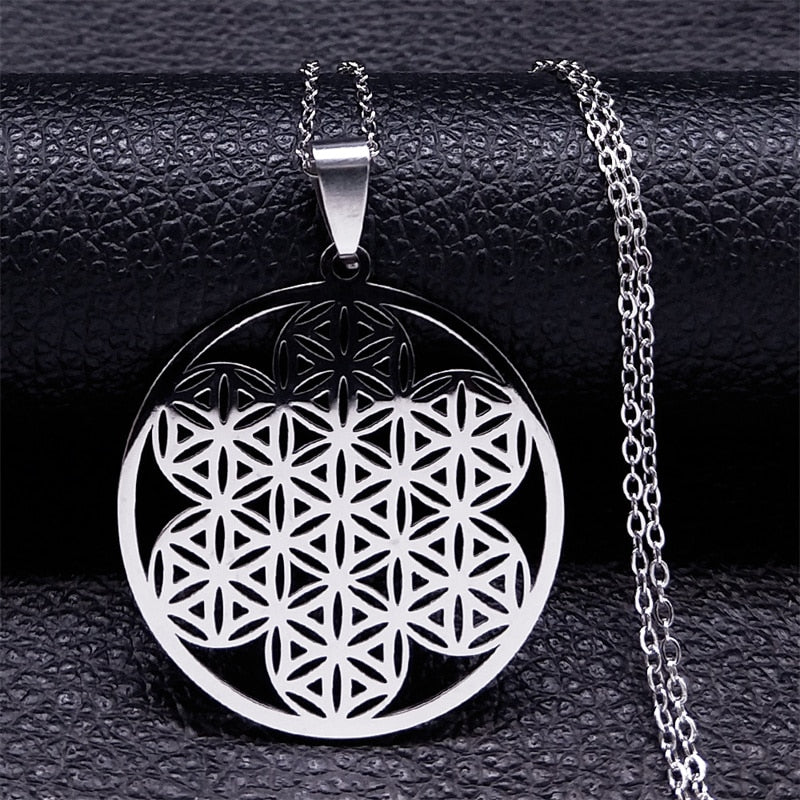 Mandala de Geometria Sagrada Flor da Vida 2023 // Aço Inoxidável Metatron // Colares de LOVELY FAJA  // Colar Longo de Contas Pretas // Lindas e Exclusivas Joias flor de la vida. Escolha já a sua!!!