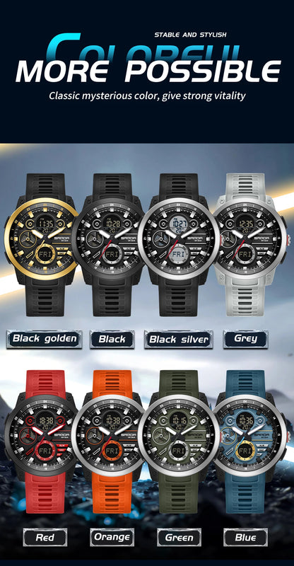 SANDA 3379 Relógio Eletrônico Masculino de Luxo c/ Display Duplo // Esportivo // Multifuncional // À Prova d'Água, LED // Relógio Eletrônico Masculino