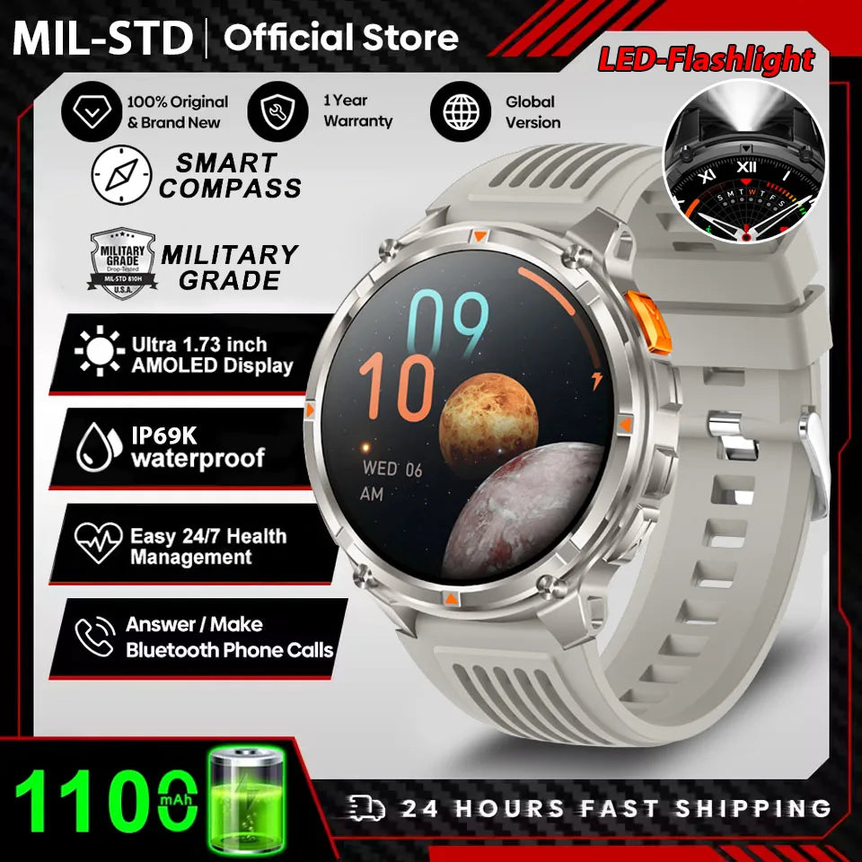 Novo Smartwatch Masculino AMOLED de 1100mAh (2026) // Com mais de 170 Recursos p/ Esportes e fitnessM // Lanterna LED // Classificação IP69 de Resistência à Água // Chamadas Bluetooth e GPS // Compatível com iOS.