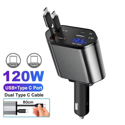 Carregador Veicular 5 em 1 (Máx. 66W) com Cabo Retrátil, PD 30W + 2,4A, Display de Voltagem e Carregamento Super-Rápido de 22,5W para iPhone e Android
