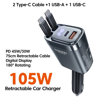 Carregador de Carro Toocki 105W 4 em 1 c/ Tela Digital // Carregamento Rápido // Cabo Duplo tipo C c/ cabo Retrátil p/ iPhone 16, 15 e 14 Xiaomi