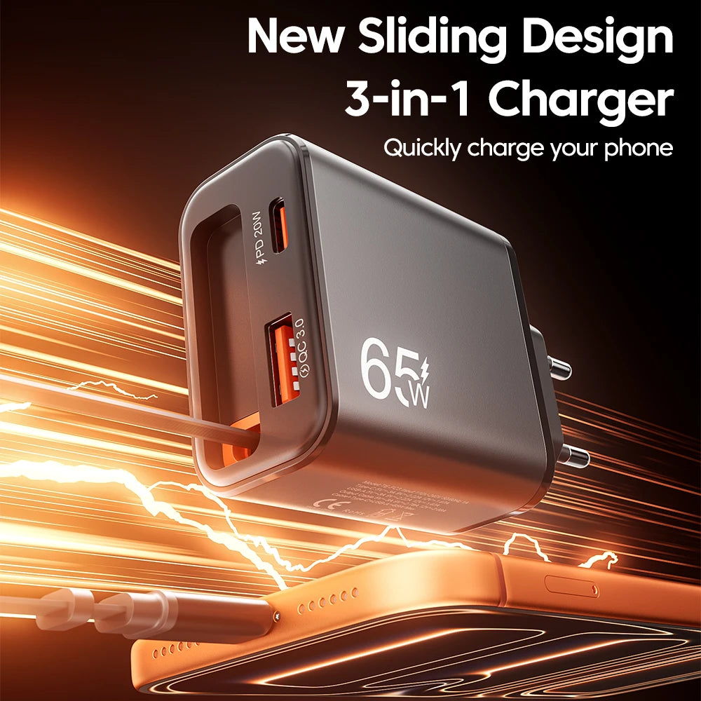 Carregador Rápido USB-C de 65W com Cabo Tipo-C Retrátil e Carregamento Rápido PD // Para iPhone 16/15, MacBook, Notebook Samsung e iPad (Plugue UE)