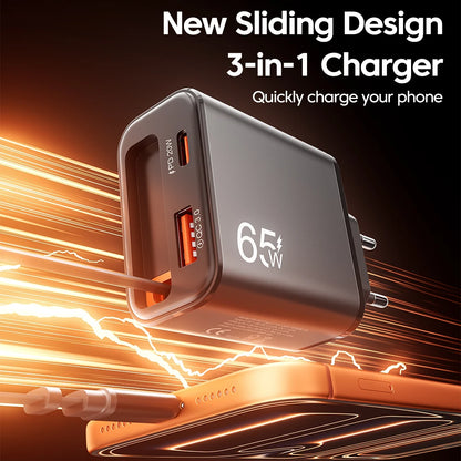 Carregador Rápido USB-C de 65W com Cabo Tipo-C Retrátil e Carregamento Rápido PD // Para iPhone 16/15, MacBook, Notebook Samsung e iPad (Plugue UE)
