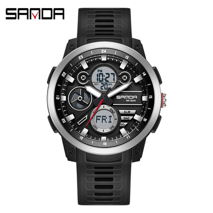 SANDA 3379 Relógio Eletrônico Masculino de Luxo c/ Display Duplo // Esportivo // Multifuncional // À Prova d'Água, LED // Relógio Eletrônico Masculino