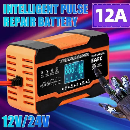 Carregador de Bateria de Carro 12V 12A // Carregamento de 7 Estágios // Reparo de Pulso para Baterias de Carro // Para AGM GEL // Chumbo-ácido úmido // Display LCD