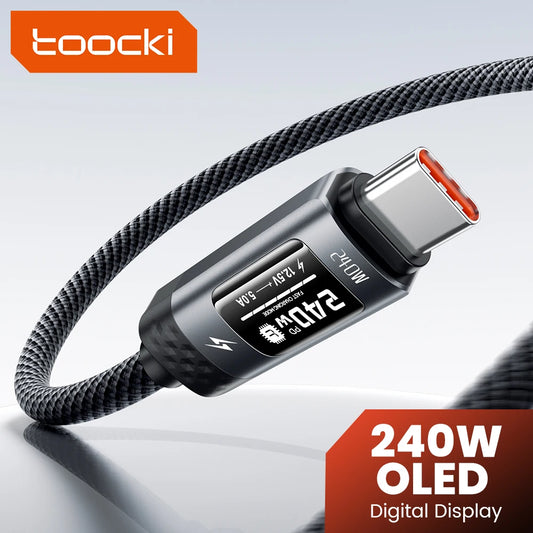Cabo USB-C Toocki 240W c/ Carregamento Rápido // Display Digital OLED, PD 3.1 // Adaptador Tipo C p/ USB-C p/ Macbook, iPhone 16, 17 e Samsung S25.