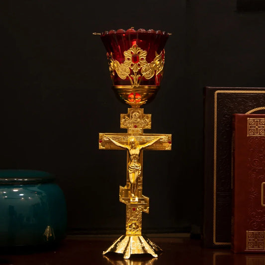 Lâmpada de Óleo de Mesa HTISOK p/ Vigília Ortodoxa // Lâmpada de Óleo de Metal c/ Design de Jesus Ortodoxo // Para uso em Adoração Doméstica