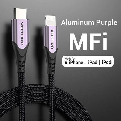 Cabo de Carregamento c/ Certificação Vention-MFi // Cabo PD USB C p/ Lightning p/ iPhone 14, 13, 12, 11 Pro Max, AirPods Pro, iPad XS, 30 W