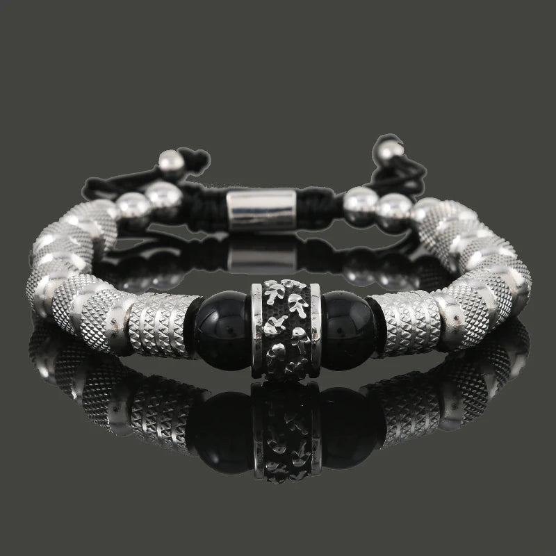 Pulseira Masculina de Luxo c/ Pingente de Caveira em Aço Inoxidável e Contas de Pedra Tigre // Joia Artesanal