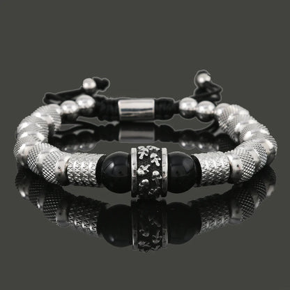 Pulseira Masculina de Luxo c/ Pingente de Caveira em Aço Inoxidável e Contas de Pedra Tigre // Joia Artesanal