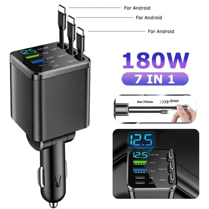 Carregador Veicular 5 em 1 (Máx. 66W) com Cabo Retrátil, PD 30W + 2,4A, Display de Voltagem e Carregamento Super-Rápido de 22,5W para iPhone e Android