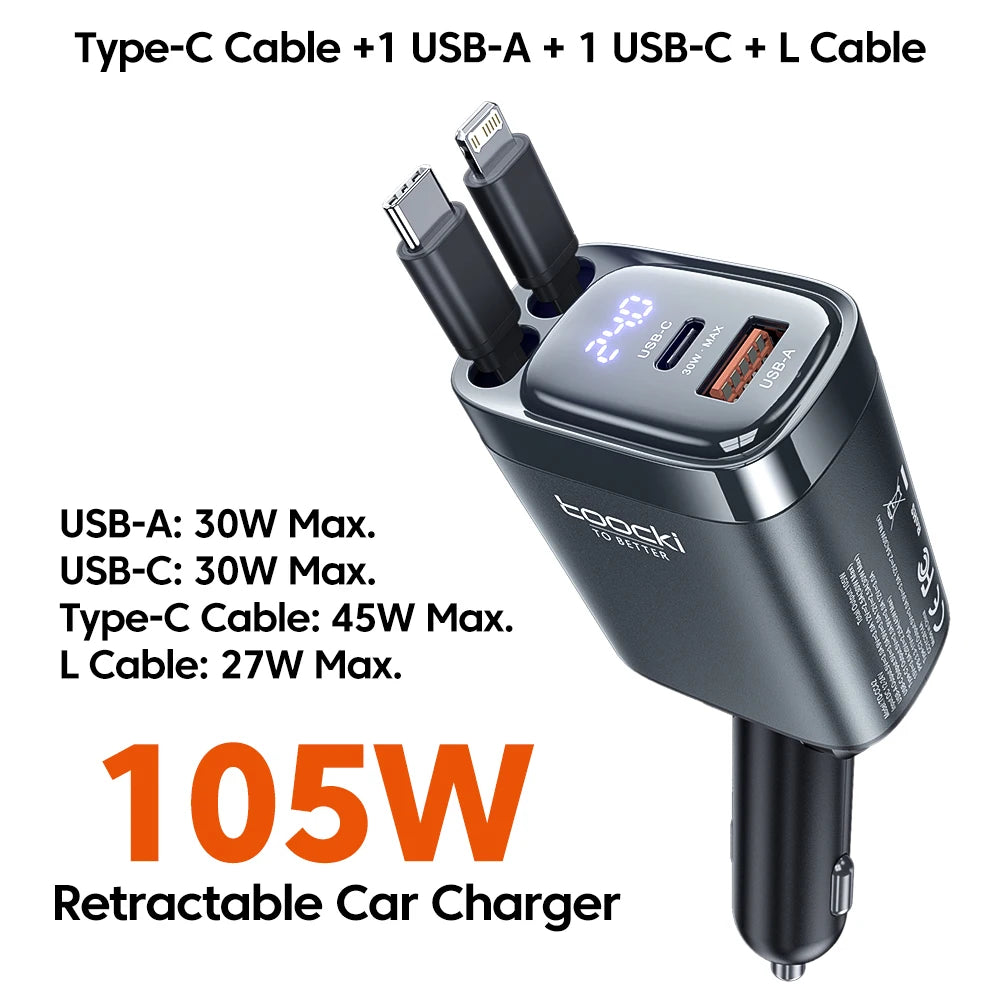 Carregador Veicular Toocki 105W com Cabo Retrátil USB-C (0,75m) e Carregamento Rápido // PD 45W, QC 3.0, SCP, SFC2.0 e PPS para iPhone 17/16, Samsung e Tablet