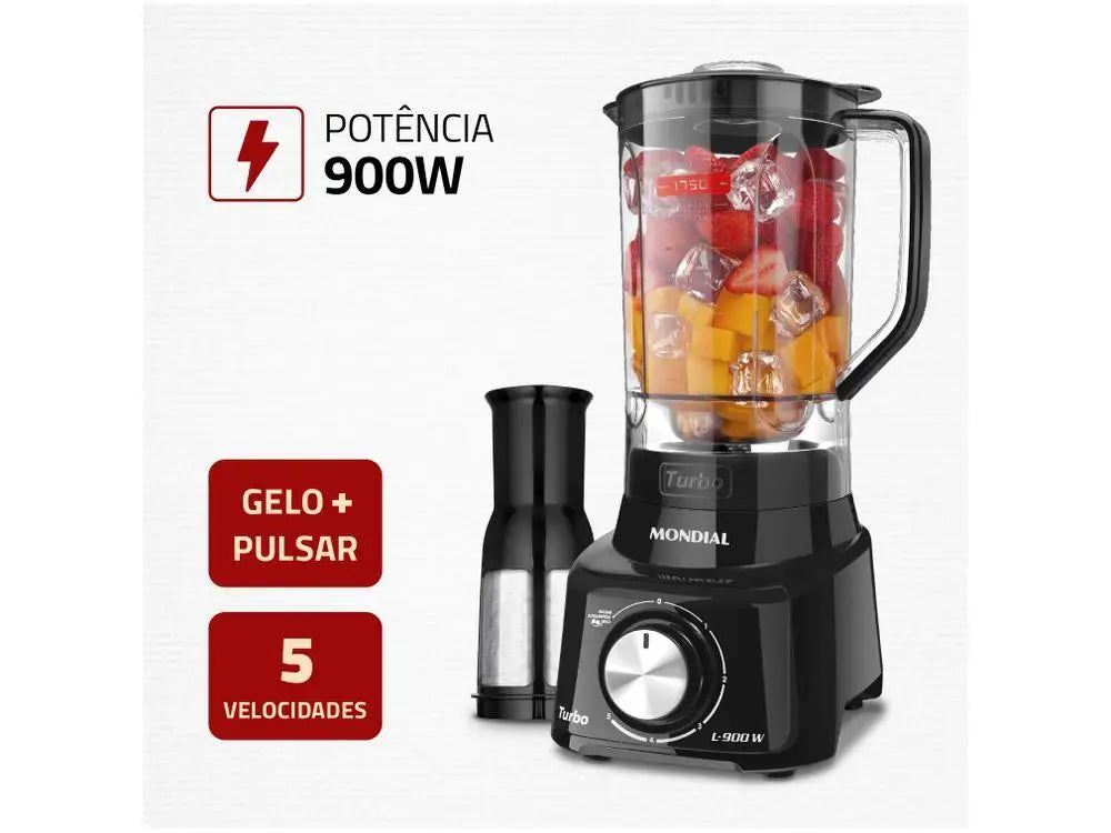Liquidificador Mondial Turbo L-900 FB // Com Filtro de 5 Velocidades 900W // Preto-220V