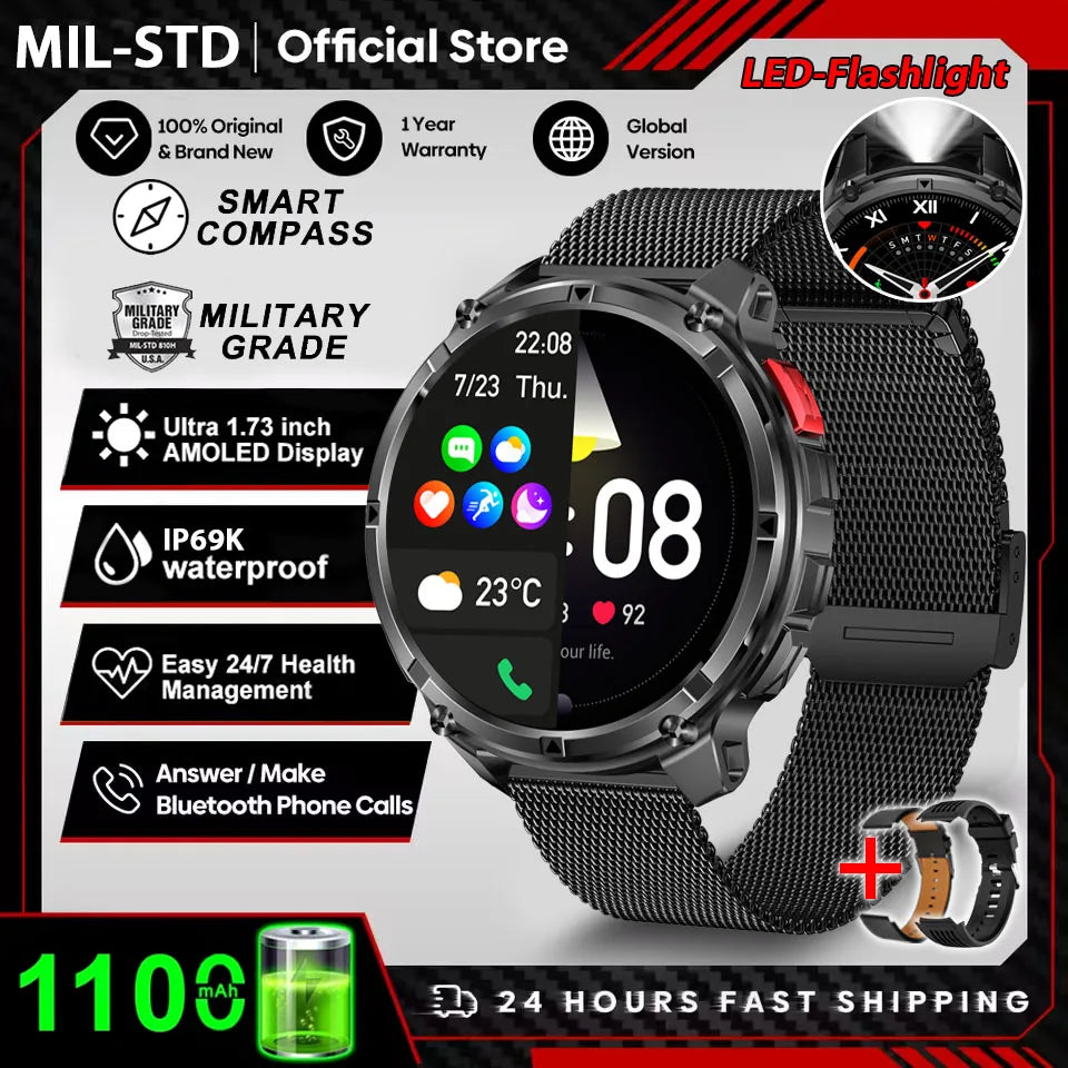 Novo Smartwatch Masculino AMOLED de 1100mAh (2026) // Com mais de 170 Recursos p/ Esportes e fitnessM // Lanterna LED // Classificação IP69 de Resistência à Água // Chamadas Bluetooth e GPS // Compatível com iOS.