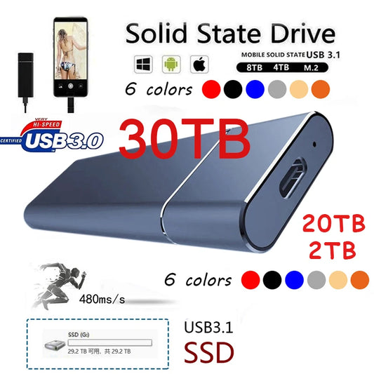 Unidade Externa de Disco Rígido de Alta Velocidade // SSD de 2 TB/20 TB/30 TB c/ Interface tipo C/USB 3.1 // Disco Rígido Portátil p/ PC, Laptop e MAC