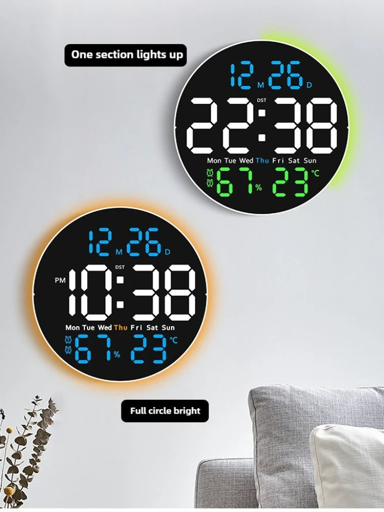 Relógio de parede circular de 10 polegadas com controle remoto, luz ambiente, despertador digital LED, termômetro, higrômetro, timer e data.