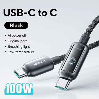 Cabo USB-C Joyroom de 100 W // Com Desligamento Automático e Carregamento Rápido // Compatível com iPhone 16, 15 Pro Max, Xiaomi, Samsung e Huawei.