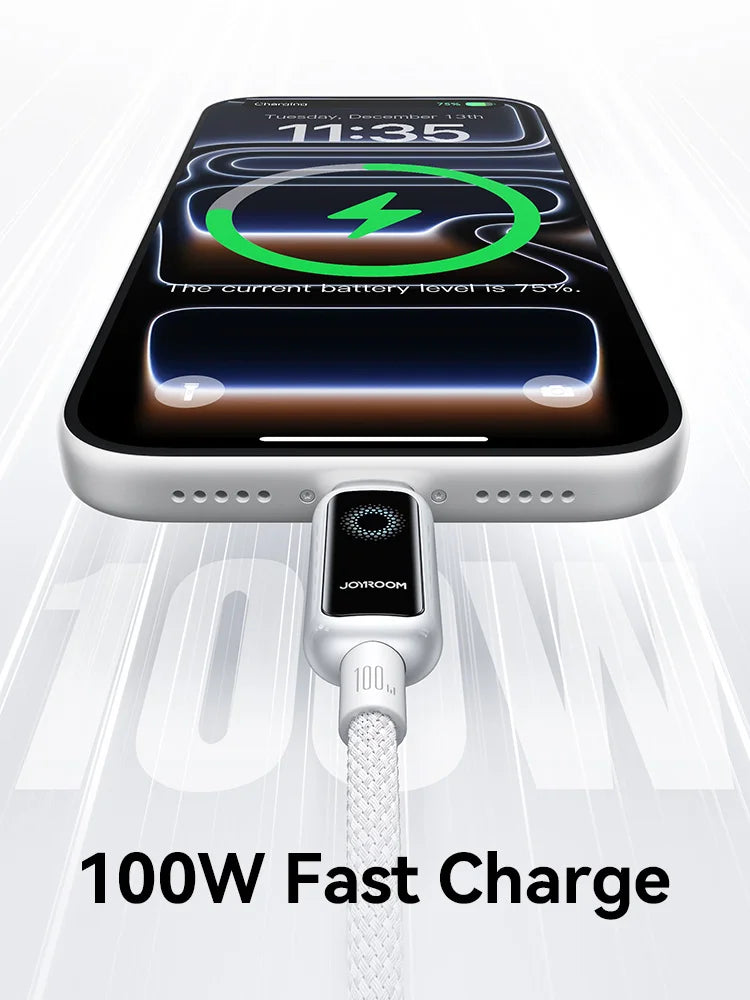 Cabo USB-C Joyroom de 100 W // Com Desligamento Automático e Carregamento Rápido // Compatível com iPhone 16, 15 Pro Max, Xiaomi, Samsung e Huawei.