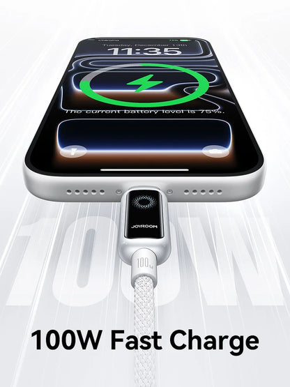 Cabo USB-C Joyroom de 100 W // Com Desligamento Automático e Carregamento Rápido // Compatível com iPhone 16, 15 Pro Max, Xiaomi, Samsung e Huawei.