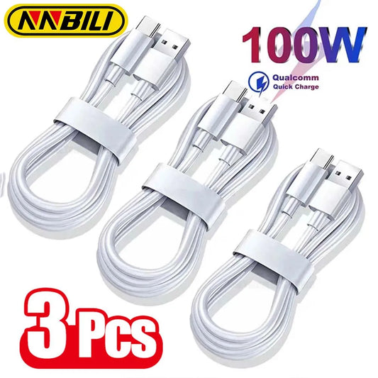 Cabo de Carregamento Super Rápido Tipo C NNBILI 1-3PCS 10A 100W // Cabo de Dados p/ Huawei OPPO vivo iQoo // Cabos USB C de Carregamento Rápido