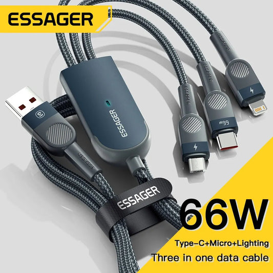 Cabo USB C 3 em 1 Essager 6A 66W para iPhone 14 13 // Carregador Micro USB tipo C // Carregamento Rápido p/ Samsung, Xiaomi, Huawei, POCO