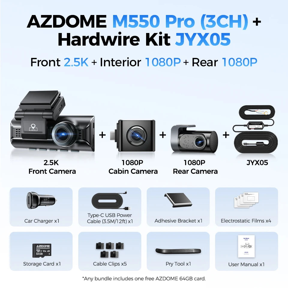 Câmera Veicular AZDOME M550 Pro (Versão Aprimorada) // 4K Frontal, Wi-Fi 5,8 GHz, GPS, Sensor G, Visão Noturna IR e Monitoramento de Estacionamento