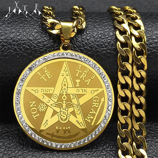 Amuleto Pentagrama Judaico // Tetragrammaton Hebraico // Colar da Fortuna para Homens de Aço Inoxidável Cristal / Ouro // Jóias Colares  NZZZ499