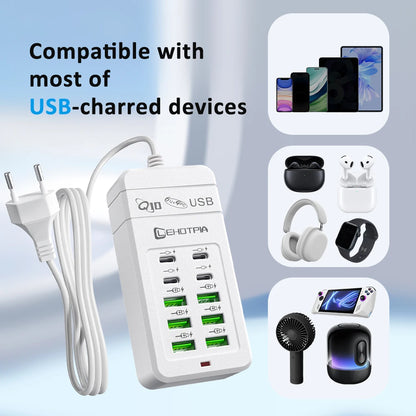 Carregador USB Rápido c/ Múltiplas Tomadas (UE) // Cabo de Extensão de 1,2 m c/ 6 Portas USB-A e 4 USB-C // Portátil p/ Celulares e Tomadas USB.