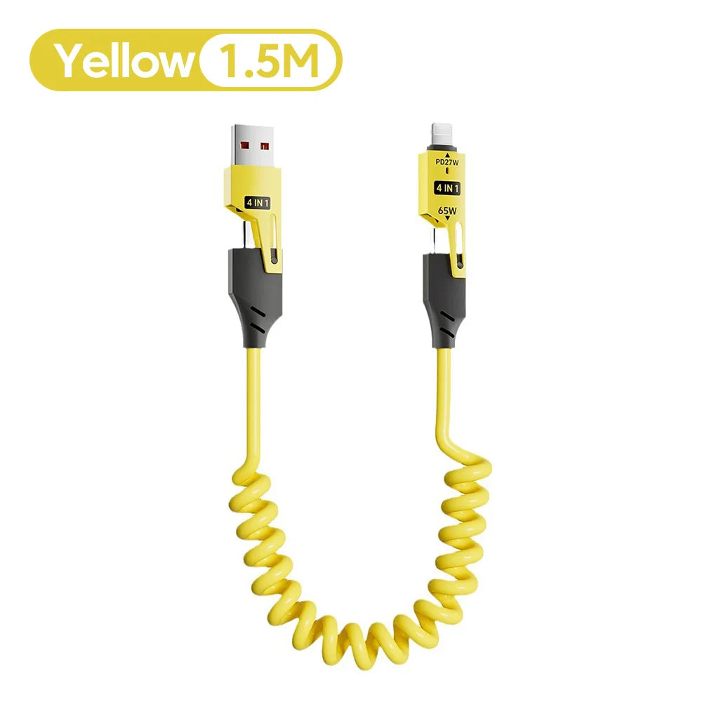 Cabo Espiral 4 em 1 c/ Carregamento Rápido PD (27W/65W) // USB Tipo C para Tipo C e Lightning // Para iPhone 15/16, Samsung e Xiaomi