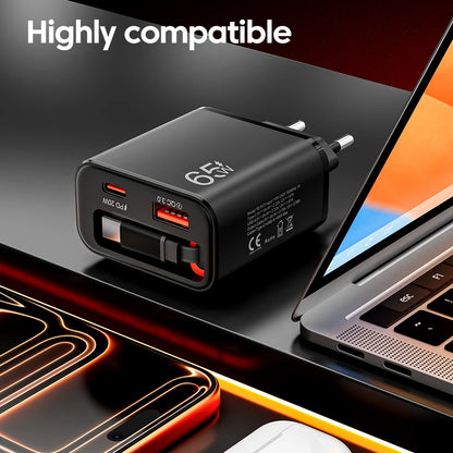 Carregador Rápido USB-C de 65W com Cabo Tipo-C Retrátil e Carregamento Rápido PD // Para iPhone 16/15, MacBook, Notebook Samsung e iPad (Plugue UE)