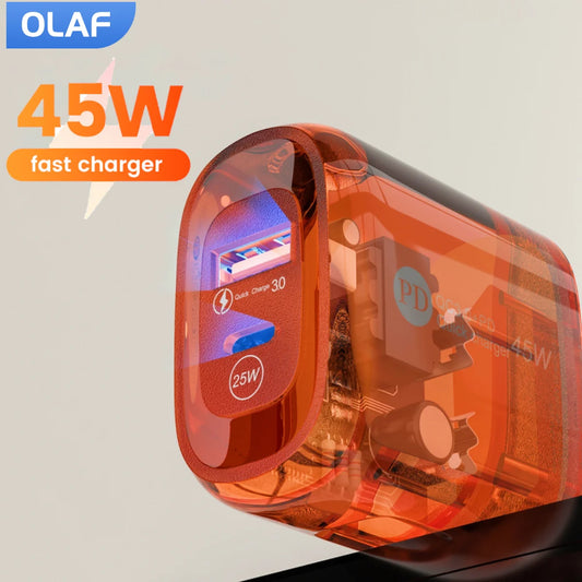 Carregador de Celular Transparente PD QC3.0 c/ Carregamento Rápido Tipo C + USB C // Para Huawei, Xiaomi, Samsung e iPhone // Cabo USB Tipo C p/ Celular.