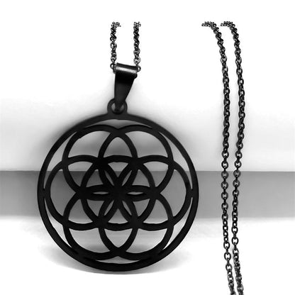 Mandala de Geometria Sagrada Flor da Vida 2023 // Aço Inoxidável Metatron // Colares de LOVELY FAJA  // Colar Longo de Contas Pretas // Lindas e Exclusivas Joias flor de la vida. Escolha já a sua!!!