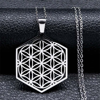 Mandala de Geometria Sagrada Flor da Vida 2023 // Aço Inoxidável Metatron // Colares de LOVELY FAJA  // Colar Longo de Contas Pretas // Lindas e Exclusivas Joias flor de la vida. Escolha já a sua!!!