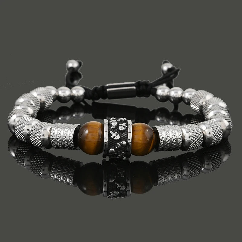 Pulseira Masculina de Luxo c/ Pingente de Caveira em Aço Inoxidável e Contas de Pedra Tigre // Joia Artesanal