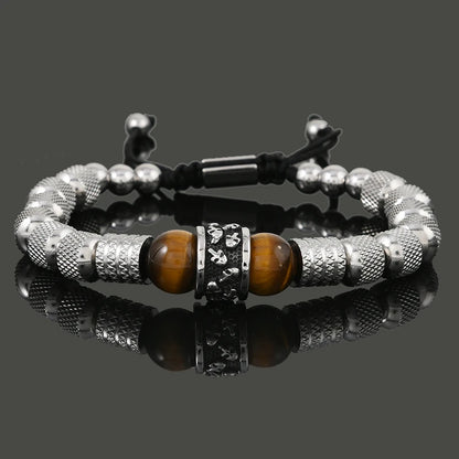 Pulseira Masculina de Luxo c/ Pingente de Caveira em Aço Inoxidável e Contas de Pedra Tigre // Joia Artesanal