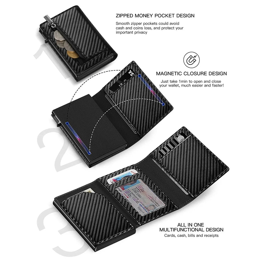 Carteira Masculina de Couro c/ Clipe Magnético p Cartão // De Fibra de Carbono e RFID // Com Zíper // Carteira Pop-Up Inteligente AirTag