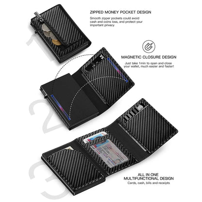Carteira Masculina de Couro c/ Clipe Magnético p Cartão // De Fibra de Carbono e RFID // Com Zíper // Carteira Pop-Up Inteligente AirTag