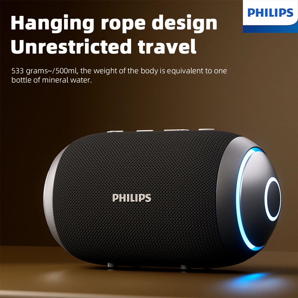 Caixa de Som Portátil Sem Fio Philips TAS3209 p/ Uso Externo // Com Iluminação Colorida // Bateria de 1800mAh e Som Incrível p/ Acampamentos