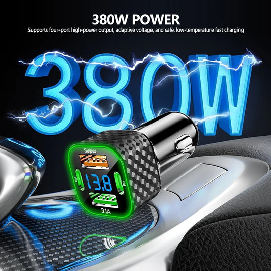 Carregador de Celular p/ Carro // Carga Super Rápida de 380 W // 4 em 1 USB C Dual PD c/ Display de Voltagem // Adaptador para iPhone, Xiaomi, Oppo, Samsung