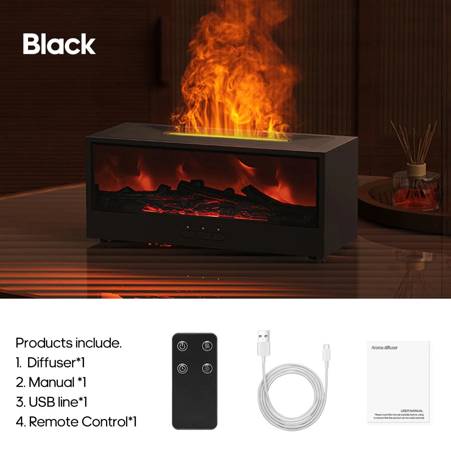 Umidificador de Ar com Efeito de Chama de Lareira e Difusor de Óleos Essenciais // Controle Remoto, Luz Noturna Ambiente Colorida // Presente Criativo