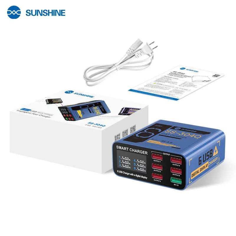 Carregador Portátil SUNSHINE SS-304Q c/ 6 portas USB // Visor Digital e Carregamento Rápido QC3.0 // Compatível c/ Diversos Dispositivos.