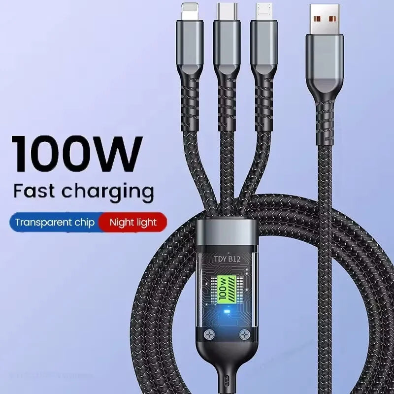 Cabo de carregamento super rápido universal 3 em 1 de 100 W com lâmpada piloto transparente e conectores USB tipo C e micro USB para iPhone, Samsung, Huawei e Xiaomi 6A