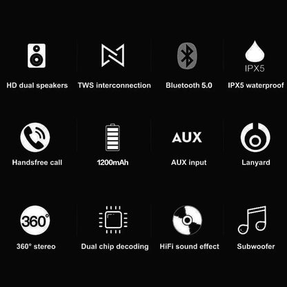 Caixa de Som Portátil Bluetooth Sem Fio TWS com Áudio Estéreo, Graves 3D, Resistente à Água, Chamadas em Modo Mãos-Livres e Acessórios para Reprodução de Música